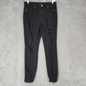 Almost Famous Jeans Womens 7 Black Stretch Mid Rise Distressed Skinny